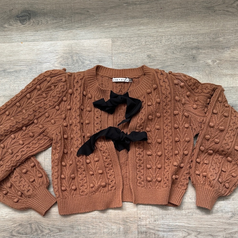 Alice + Olivia Cable Knit Cardigan with Black Ribbon Ties